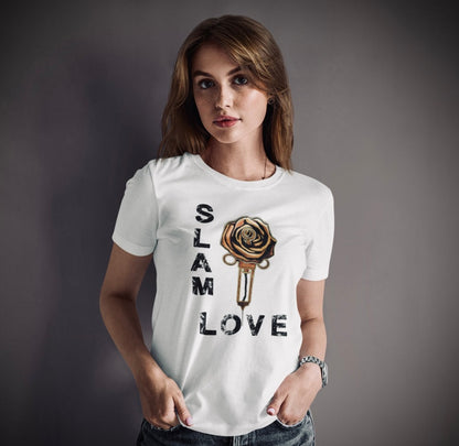 Slam Love - Gold Rose - Women's Relaxed Crew Neck - White Tee