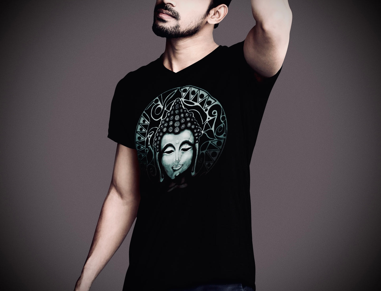 Buddha (Noir) - Unisex Short Sleeve V-Neck Tee